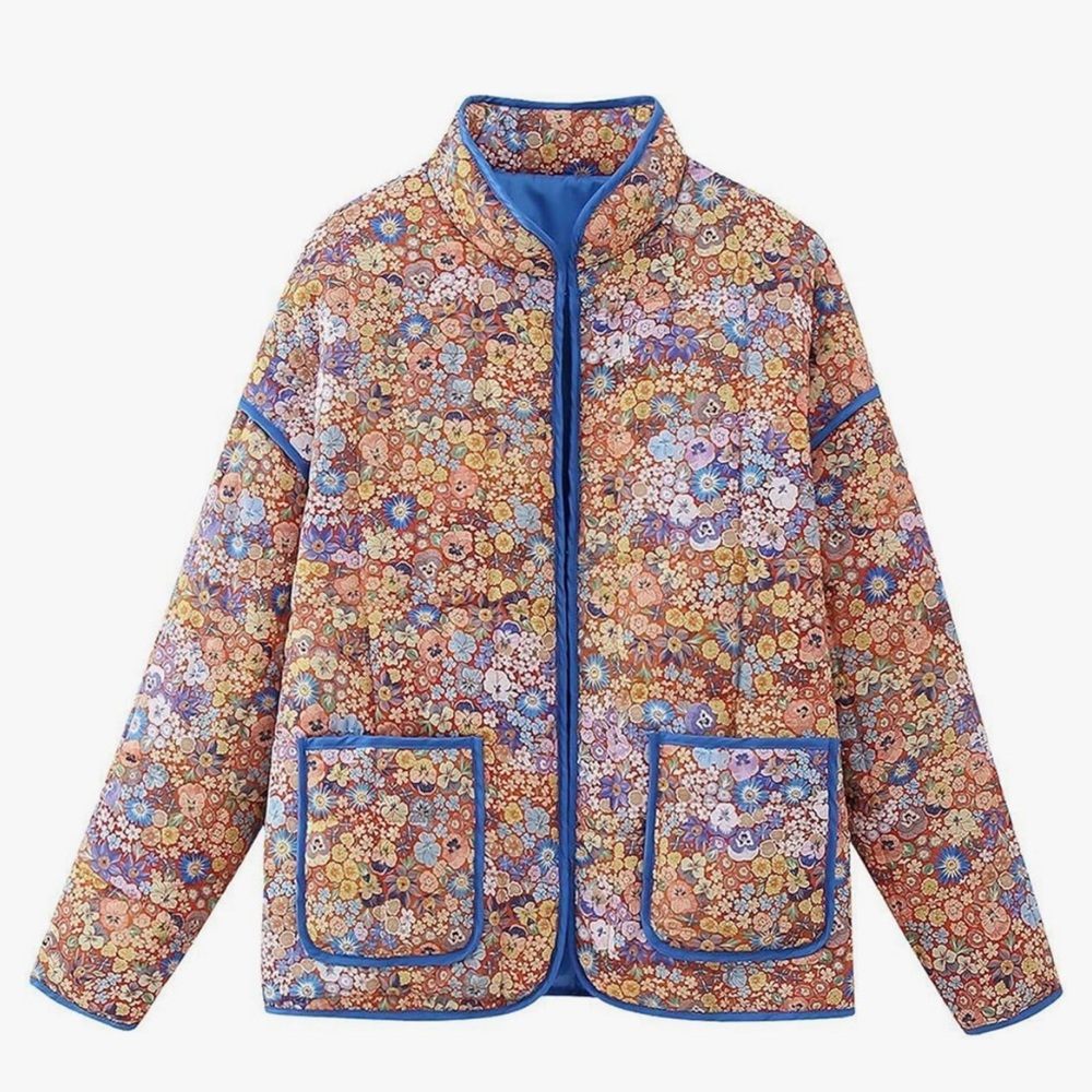 Floral Quilted Jacket with Blue Trim Boho Flower Colorblock Colorful Cottagecore
